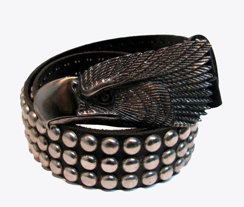 Men's Studded Belt Vintage Old School Punk Silver Dome Stud Eagle Buckle size X-Large