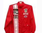 Vintage 1960s Racing Stripe Jacket Mens Firestone STP Red and White Nylon Zip Racing Jacket          size small
