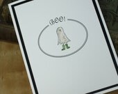 Glittered Ghost Halloween Card, Ghost Costume in Green Rubber Boots, Handmade Greeting Card - Free US Shipping