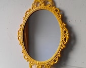 Framed Oval Mirror in Vintage Metal Frame - 17 x 12 inch Handpainted Brass in Bright Yellow