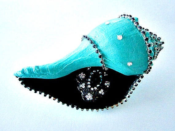 Decorated Conch Shell turquoise and black coastal home decor