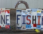 Gone Fishing License Plate Wood Fence Pane Sign Lakehouse Sign