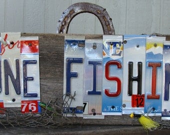 Gone Fishing License Plate Wood Fence Pane Sign Lakehouse Sign