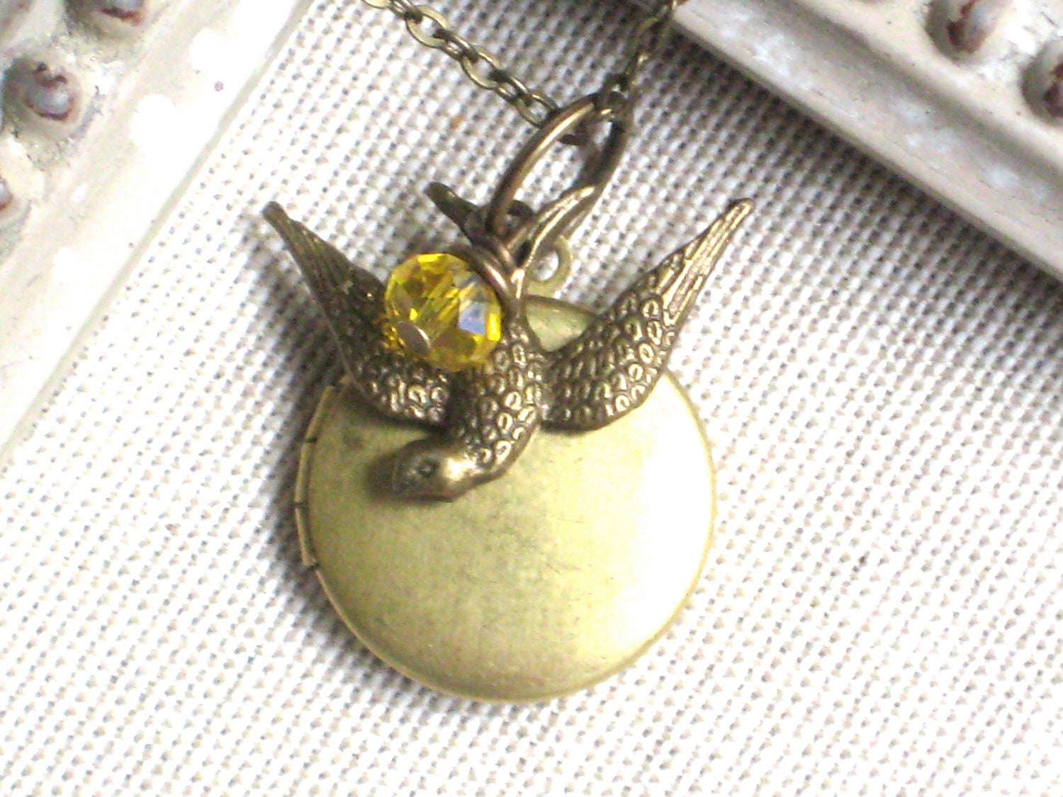 Large Vintage Brass Locket and Sparrow Bird Necklace, Yellow Crystal, Antique Bronze Gold, Gift, Bridesmaids