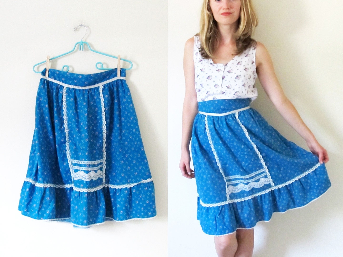 vintage 1970s skirt // Floral Print // Ruffles and Lace // Deep Turquoise and Pink // S/M