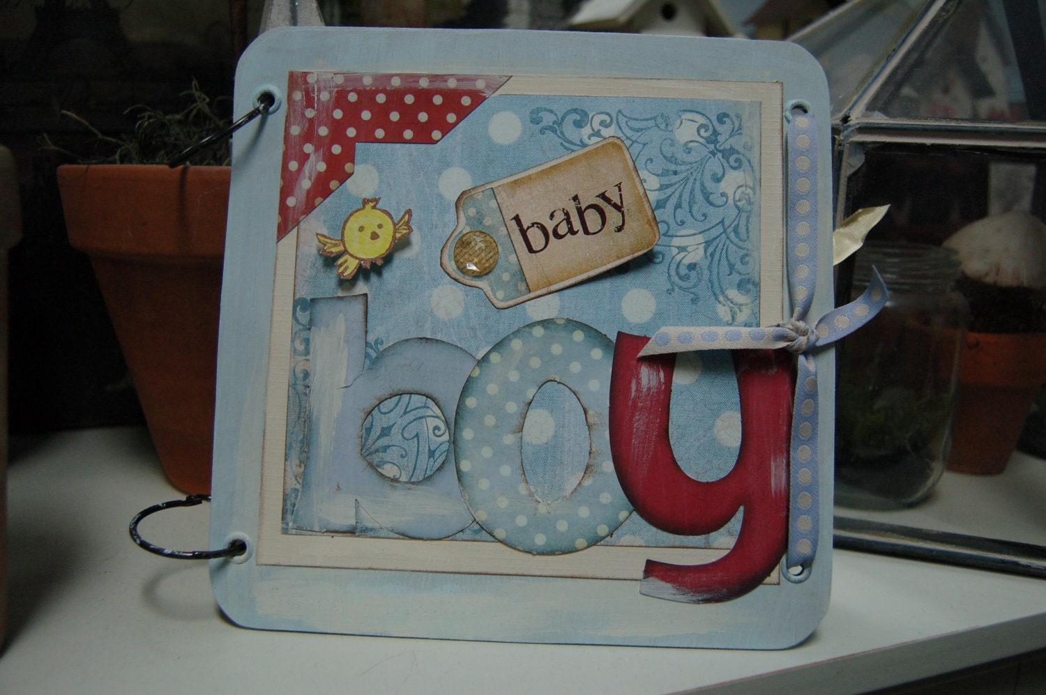 8X8 Wood and Card Stock Baby Boy Mini Album, Journal. Cottage, Shabby Chic. ECS