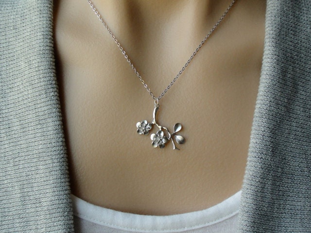 Sale - Silver Cherry Blossom Branch Necklace -  gift, mother, birthday, wife, daughter, sister, bridesmaid, anniversary