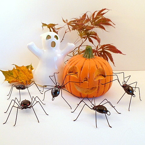 Five Small Hanging Black Spiders Handmade 3"