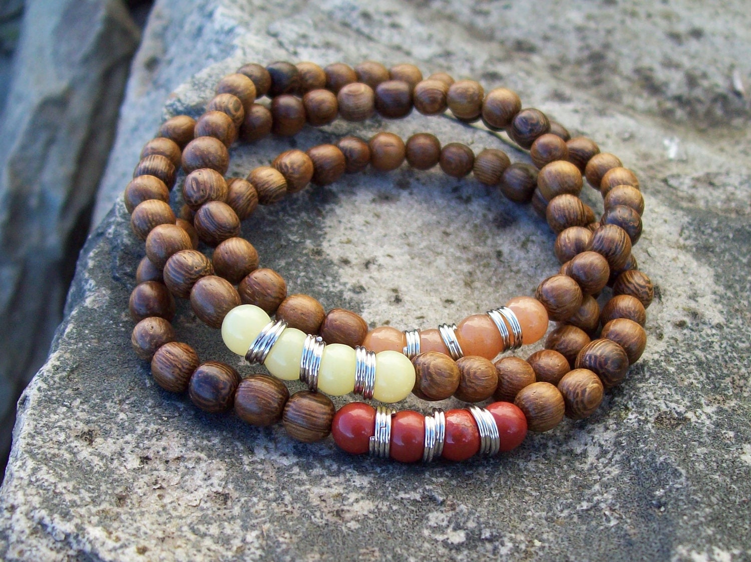Beaded Gemstone and Wood Stretch Boho Stacker Bracelets - Red, Orange and Yellow - Chakra Bracelets