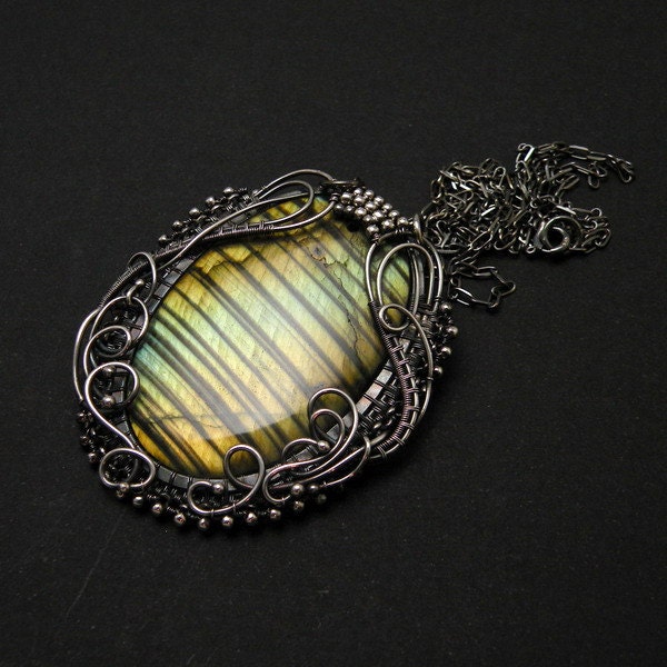 Labradorite necklace , wire wrapped pendant , wirework jewelry , green gold labradorite
