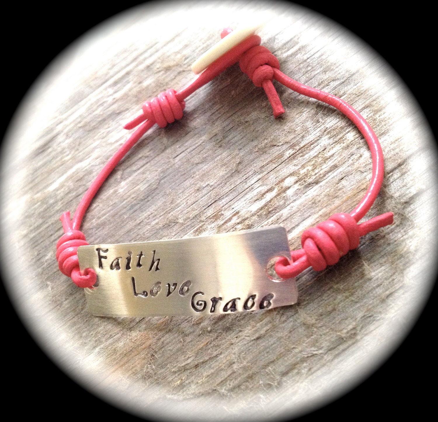 Woman Bracelet- Inspirational Bracelet- Hand Stamped Jewelry- Sterling Silver- Faith Love Grace- Pink- Religious