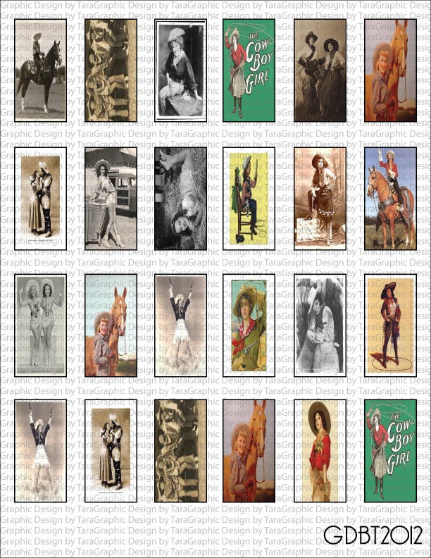 Vintage Cowgirls Digital Image Sheet for 1"x2" Domino Pendant Personal and Commercial Use