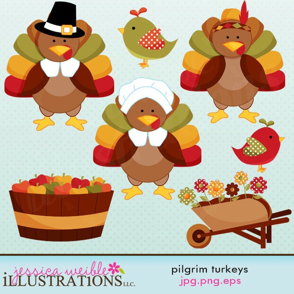 Pilgrim Turkeys Cute Thanksgiving Digital Clipart for Invitations, Card Design, Scrapbooking, and Web Design Il_170x135