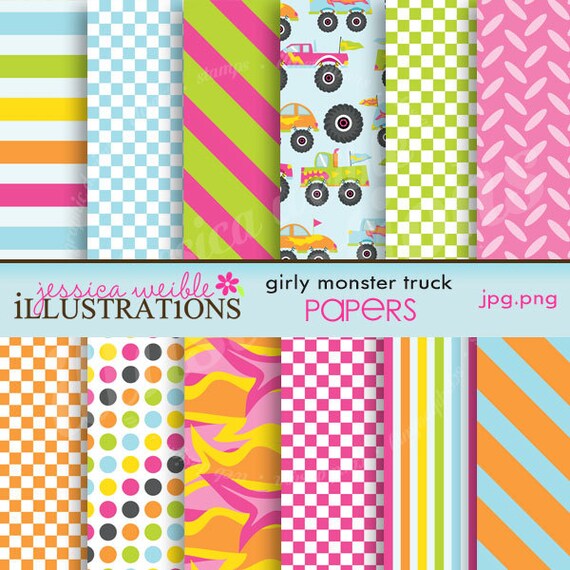Girly Monster Truck Cute Digital Papers for Card Design, Scrapbooking, and Web Design Il_570xn