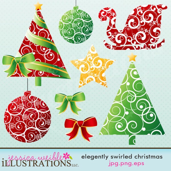 Elegantly Swirled Christmas Digital Clipart for Invitations, Card Design, Scrapbooking, and Web Design Il_570xn