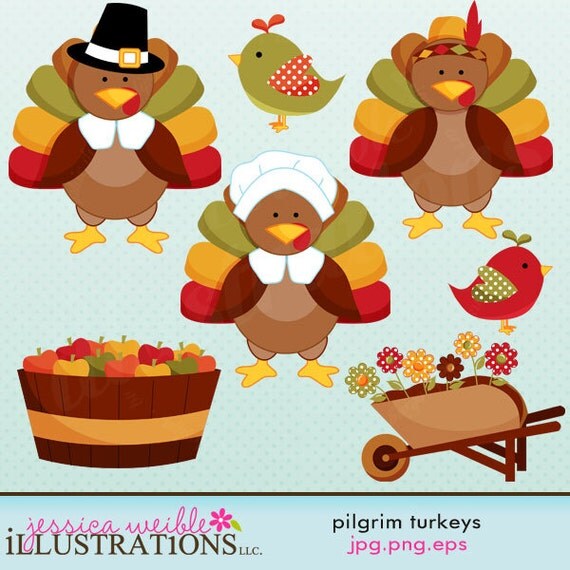 Pilgrim Turkeys Cute Thanksgiving Digital Clipart for Invitations, Card Design, Scrapbooking, and Web Design Il_570xn