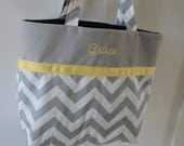 Personalized Embroidered or Monogrammed or Sorority Greek Letter Tote Bag - Grey and White Zigzag Chevron Print - You Choose Ribbon Color
