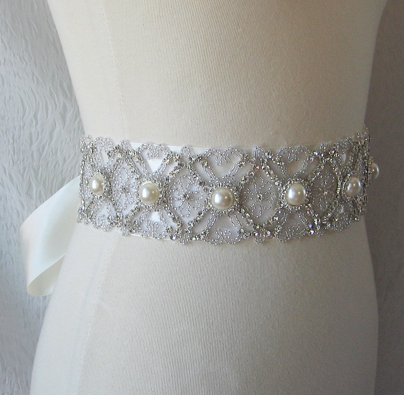Pearl and Rhinestone Bridal Sash, Wedding Belt, Ivory Crystal Bridal Sash - DIANA