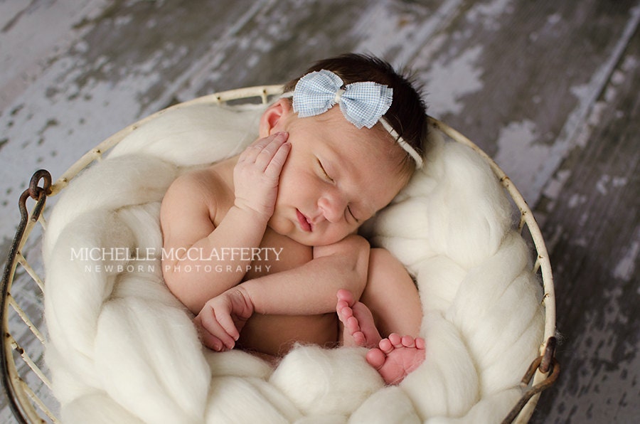 Baby Headband, Bow Newborn Head Band, Photo Prop, Blue, Vintage Polka Dots, Peruvian Wool Ties, NB - Adult, Accessory
