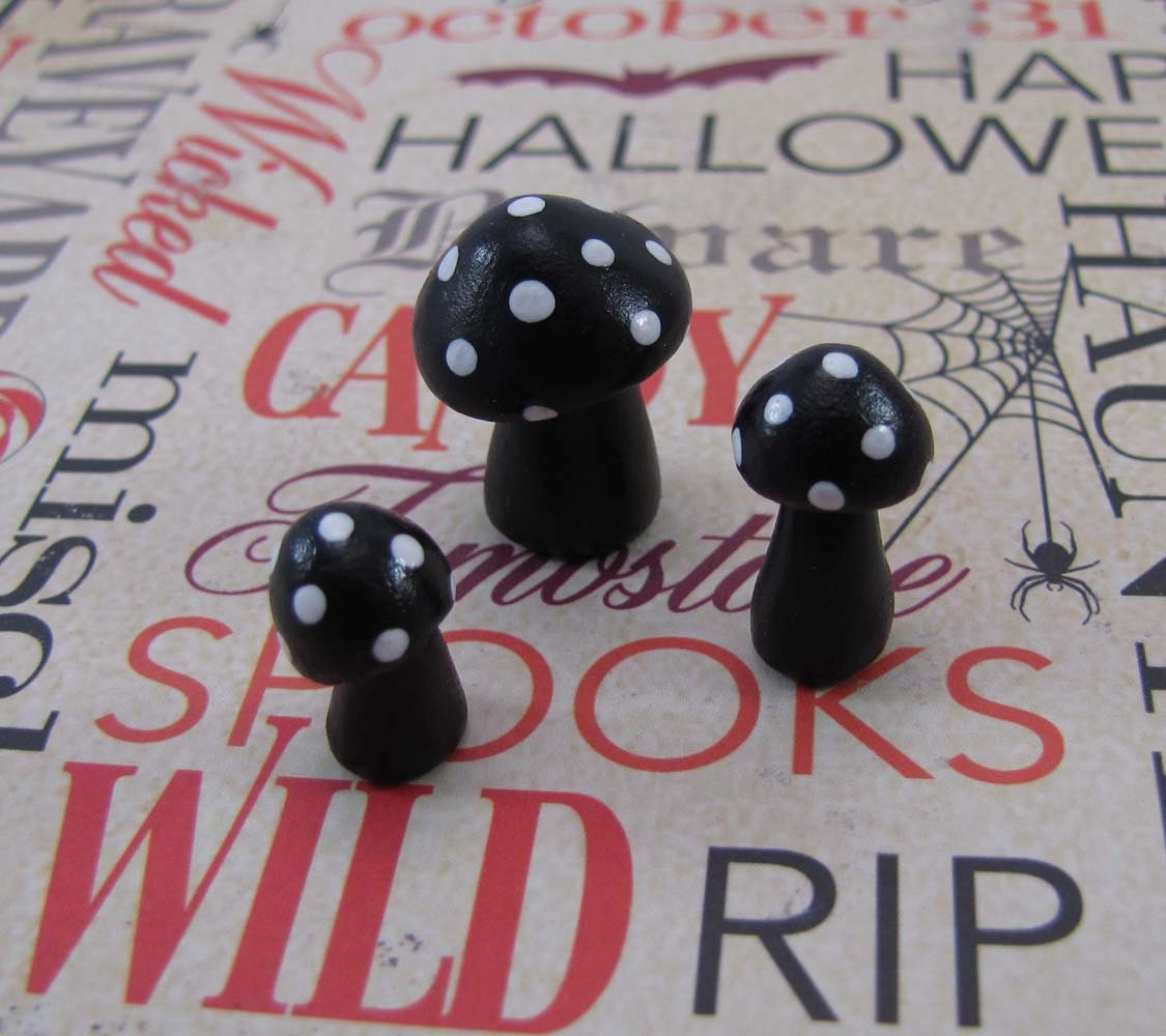 Tiny Black with White Trio of Toadstools Fantasy Figurine or Halloween Decoration Made to Order