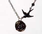 The Raven - Birds Nest Necklace - Black - Freshwater Pearl - Antique Brass