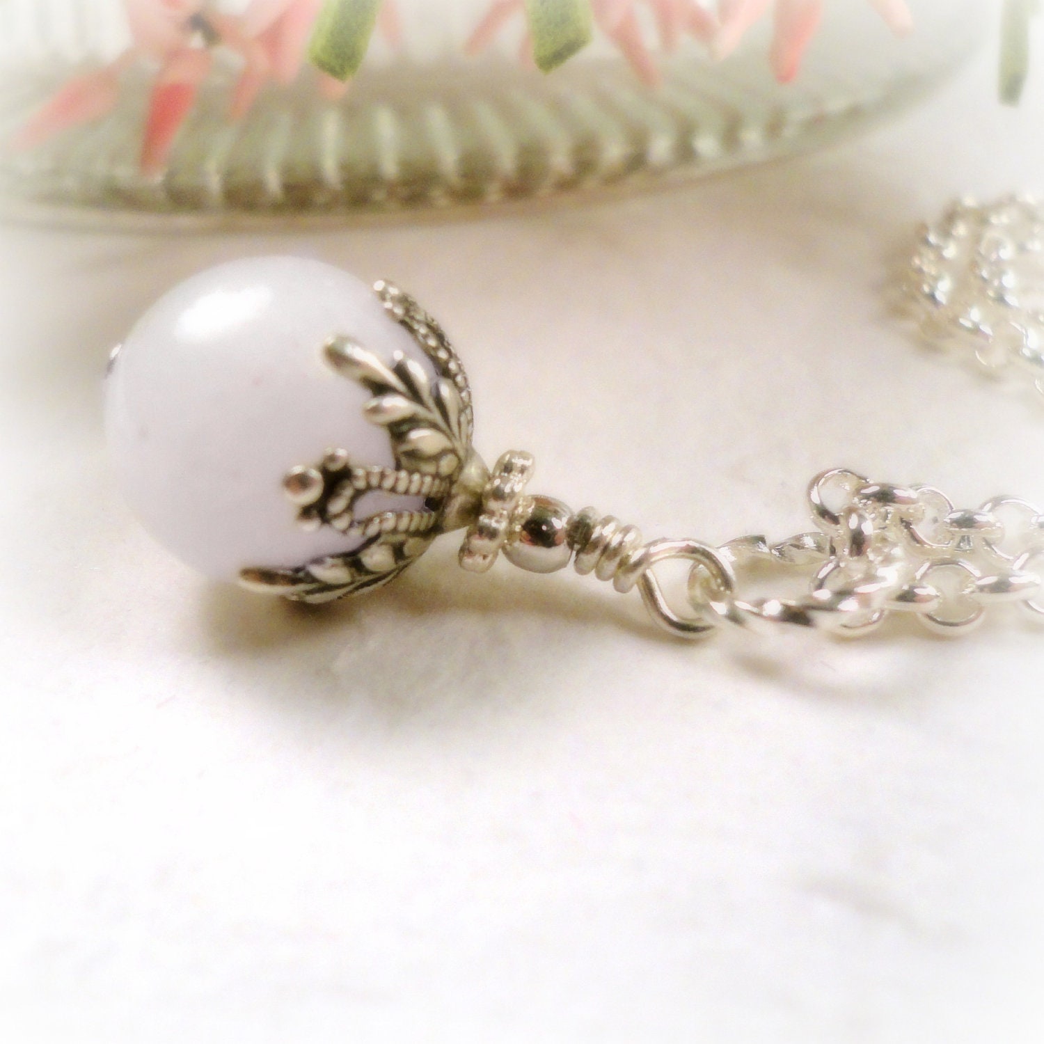 Snow White Necklace Victorian Silver and White Necklace Smooth White Quartz Pendant Necklace Antique Silver Filigree Necklace