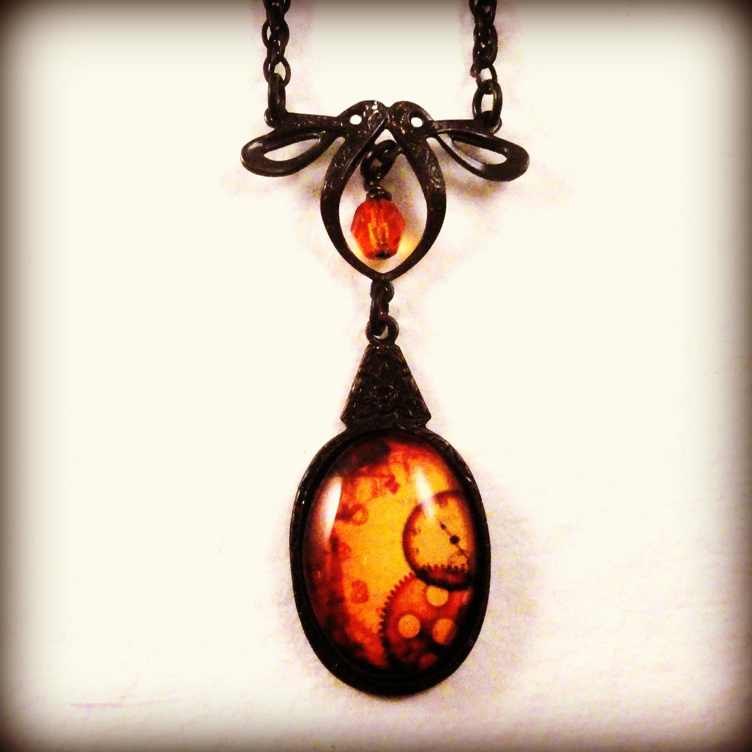 Clockwork Necklace Steampunk Jewelry Victorian Pendant Necklace Orange Glass Antique Style