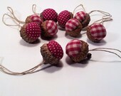 Acorn Decoration / Handmade  / Red and White Gingham / Polka Dot /  In Set Of 10