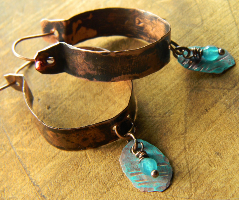 Rustic Copper Hoop Earrings Patina Aqua OOAK