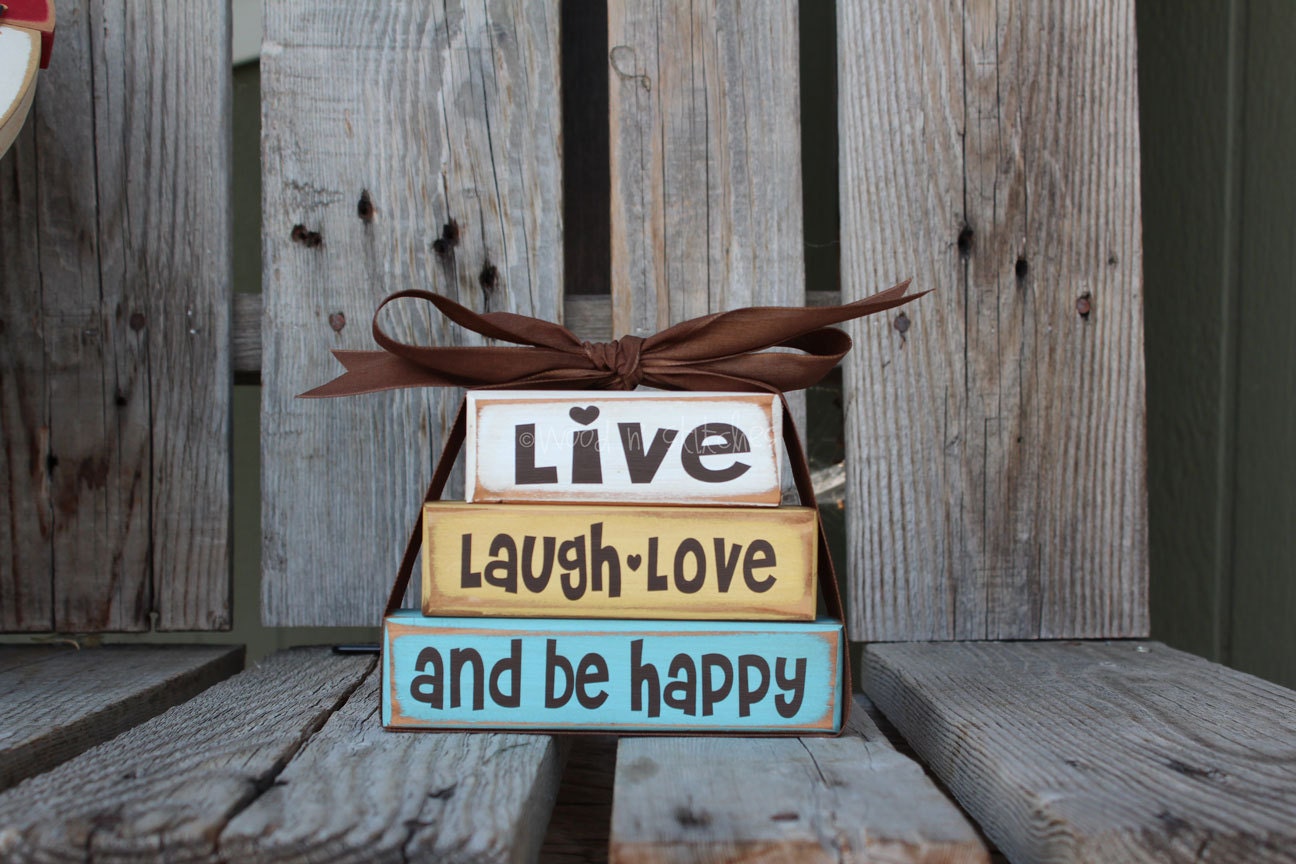 Live Laugh Love and Be Happy  Wood Block Set Mini Stacker Family Inspirational  home  love custom wood blocks primitive country gift