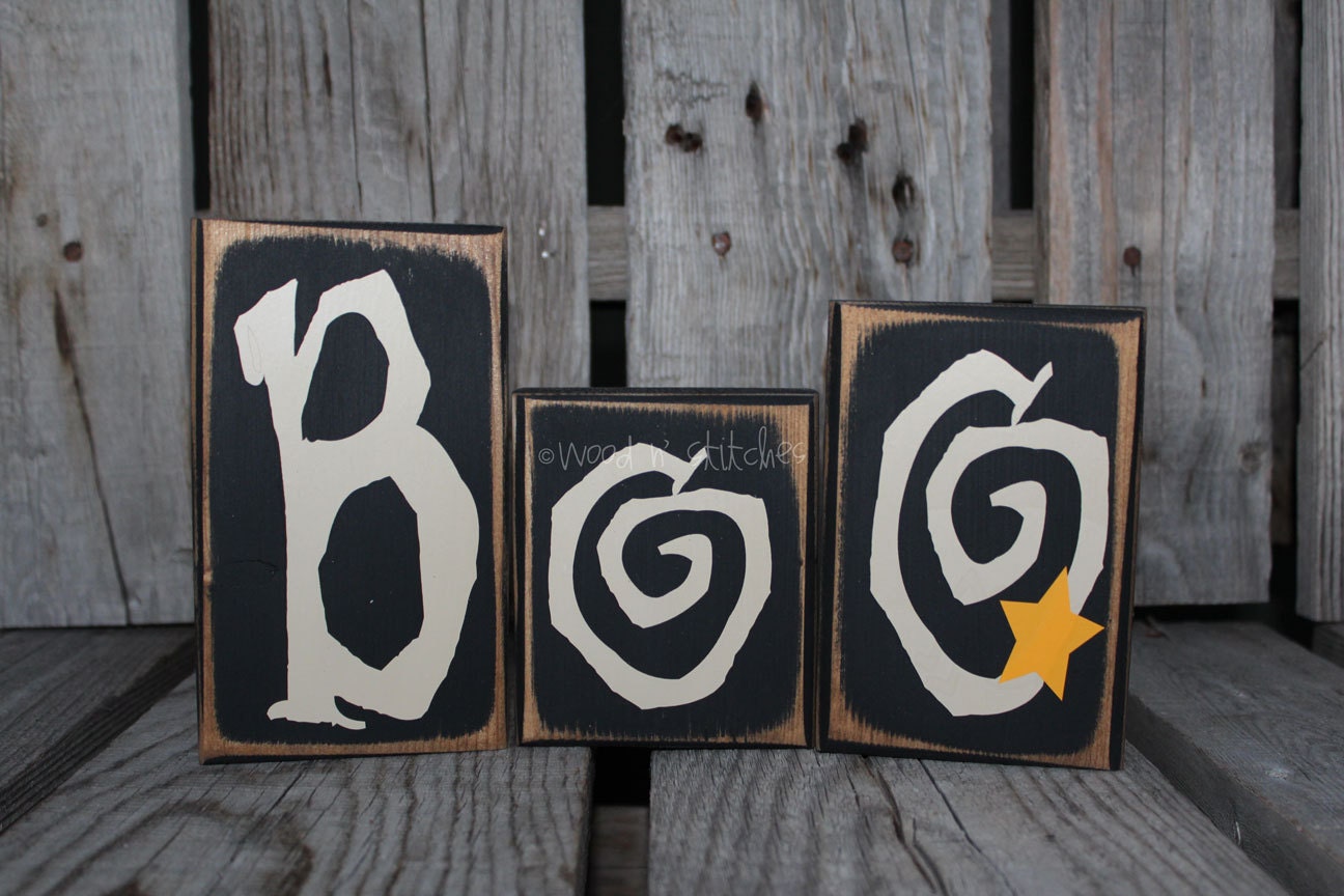 BOO Wood BLock Set fall trick or treat autumn halloween candy corn primitive home seasonal decor