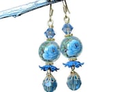 Aqua Blue Rose Earrings, Floral Earrings