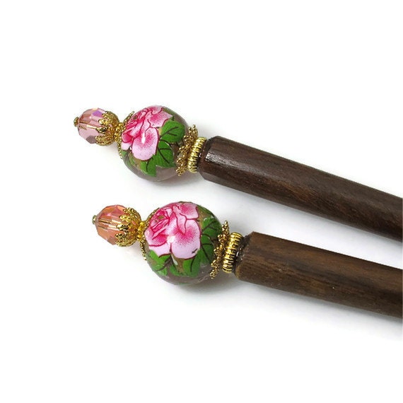Hairsticks, Flower Hair Sticks, Pink Rose