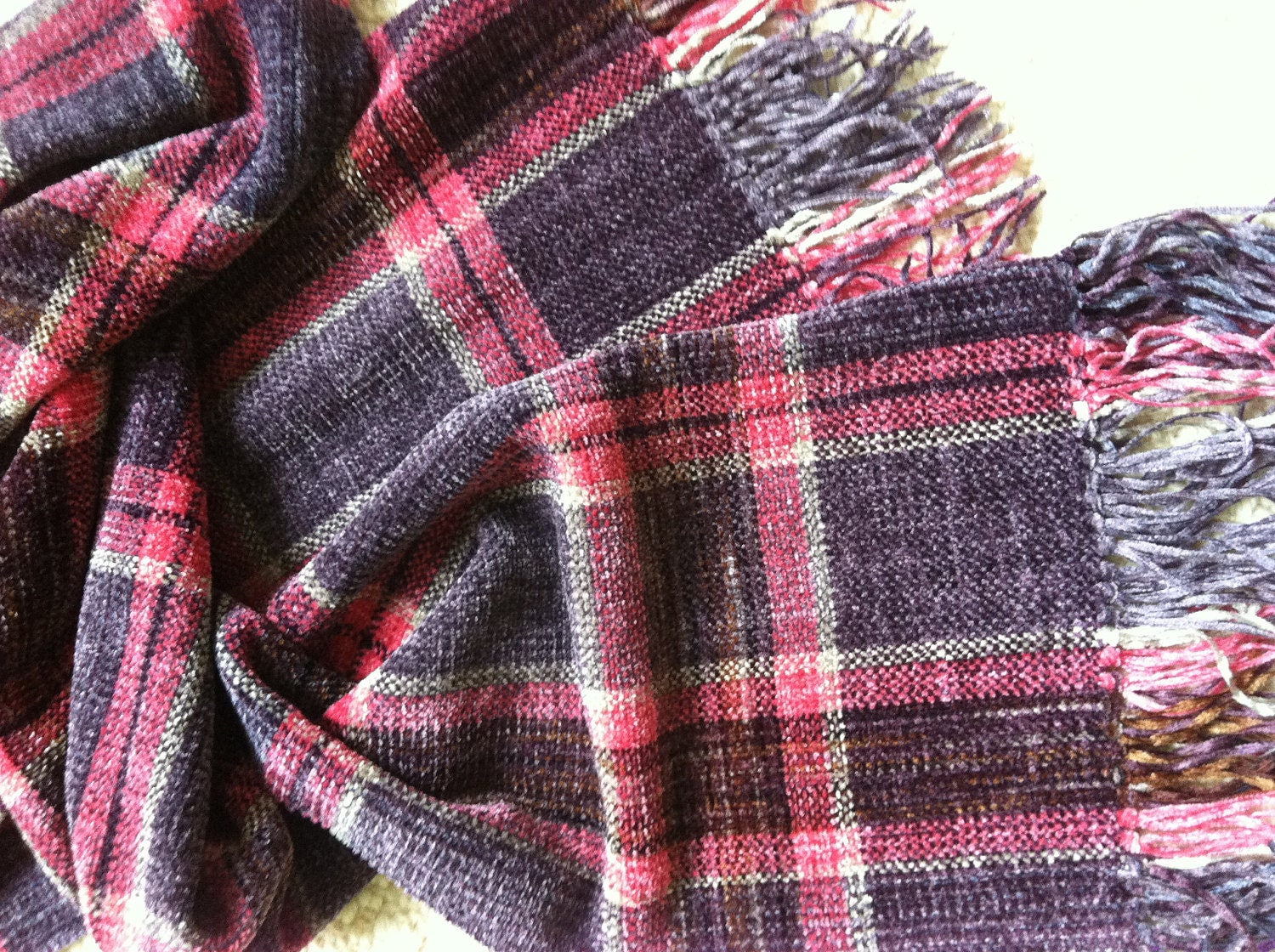 Woven Plaid Chenille Scarf, Handwoven Scarf