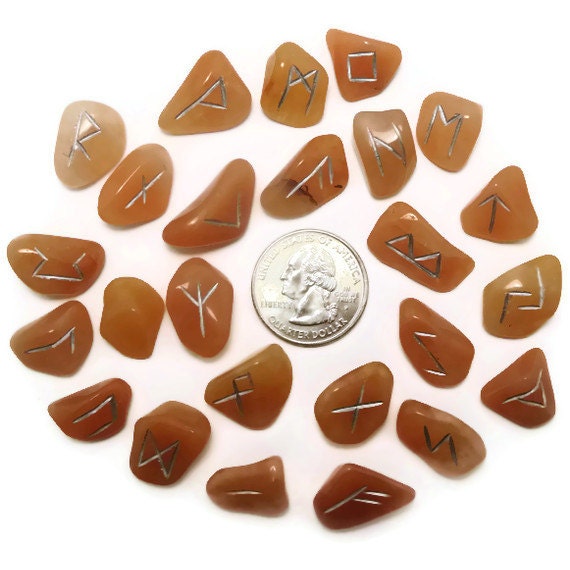 Small Peach Quartz  Rune Set Hand Carved Elder Futhark With Manual & Pouch (Natural)
