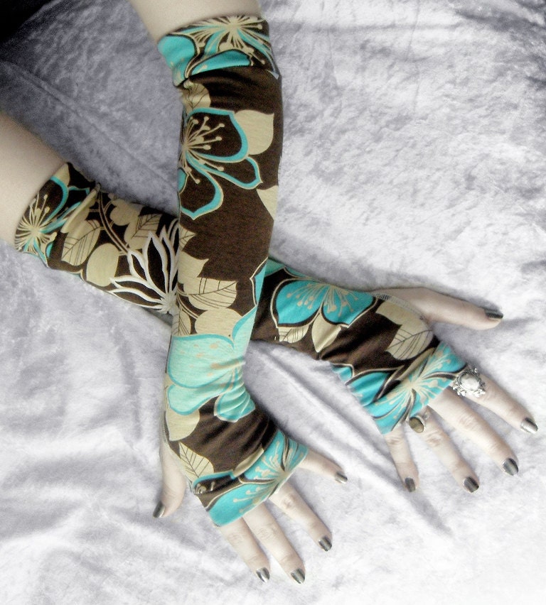 Drishti Arm Warmers - Light Turquoise Teal Blue Tan Cream & Brown Lotus Floral - Yoga Cycling Gothic Tribal Gypsy Light Hooping Meditation