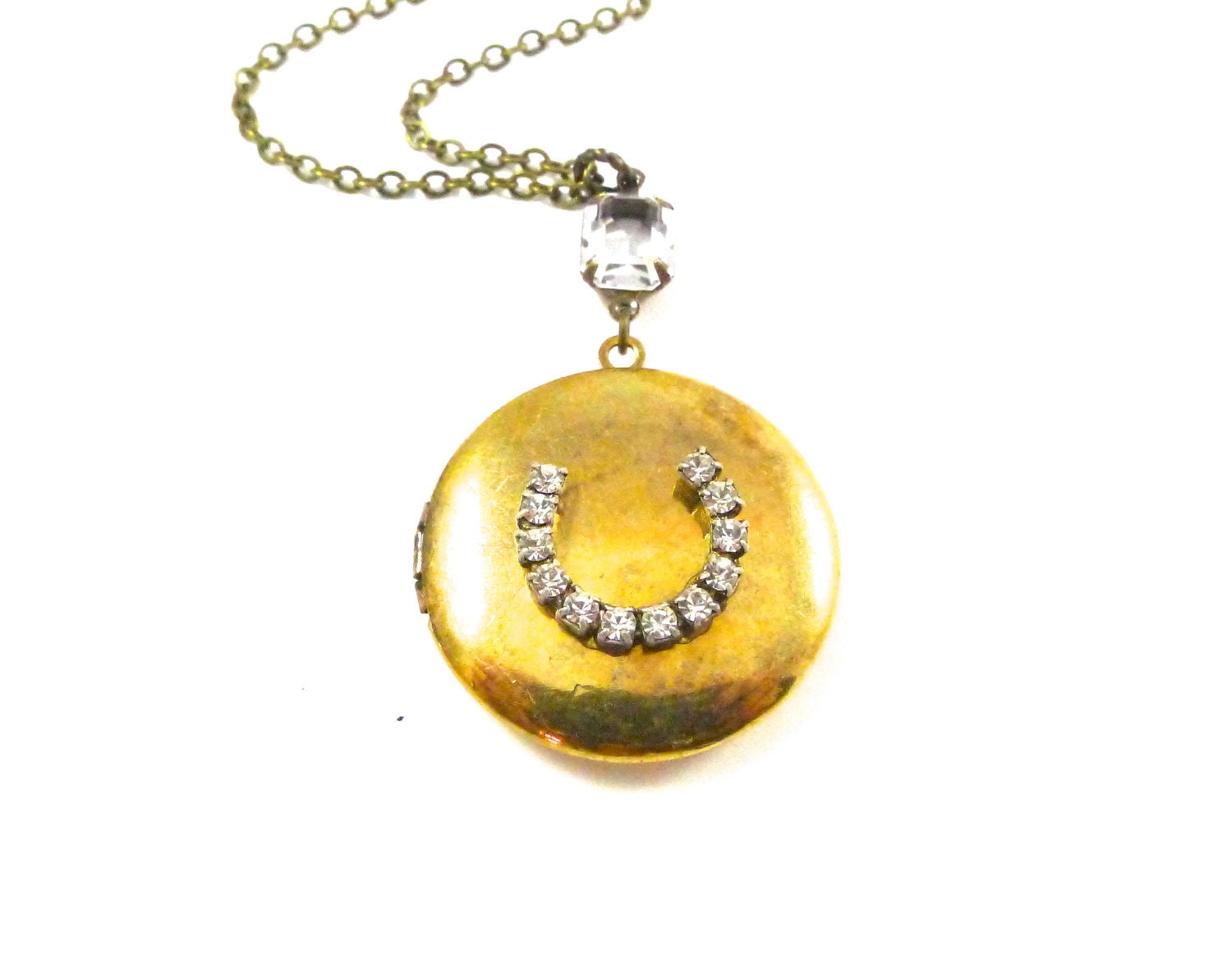 Rhinestone Horseshoe Locket, Art Deco Crescent Style, Golden Locket, Holiday Collection, Handmade