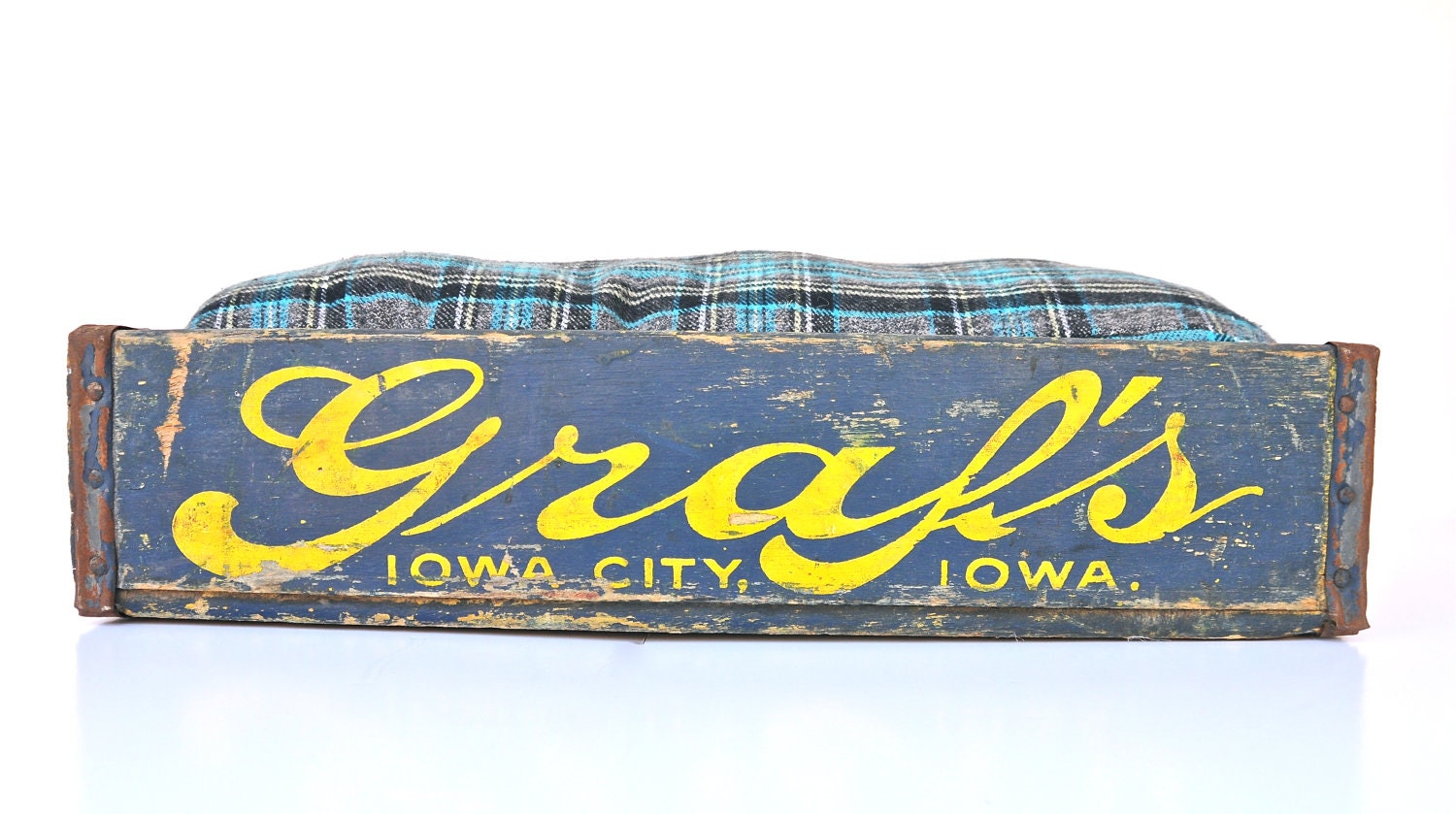 Vintage Luxury Soda Crate Pet Bed - Graf's Bottling Works Iowa - Navy Blue and Yellow
