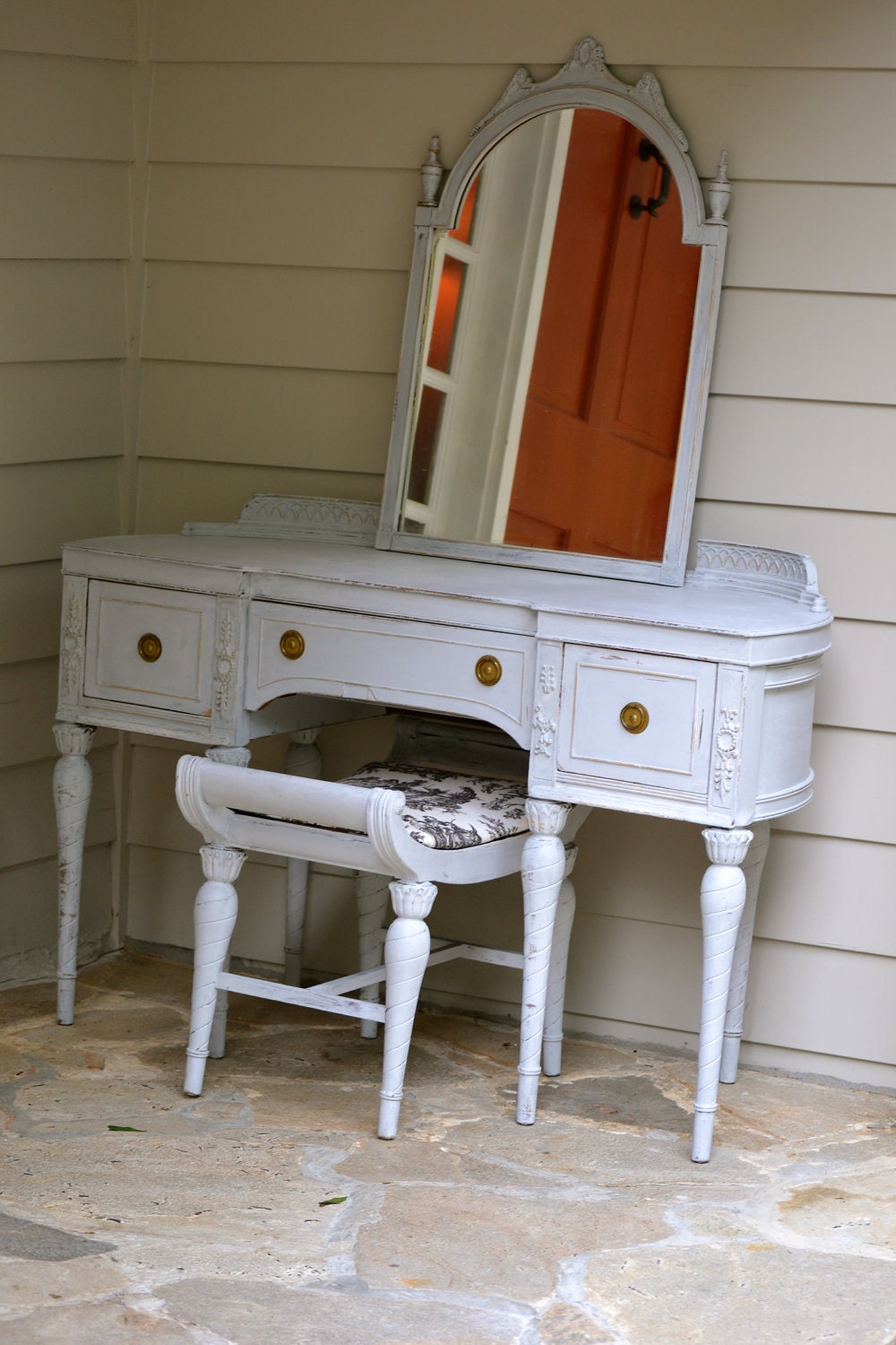 Vintage Handpainted Upcycled Repurposed Paris Grey Vanity Mirror and Stool