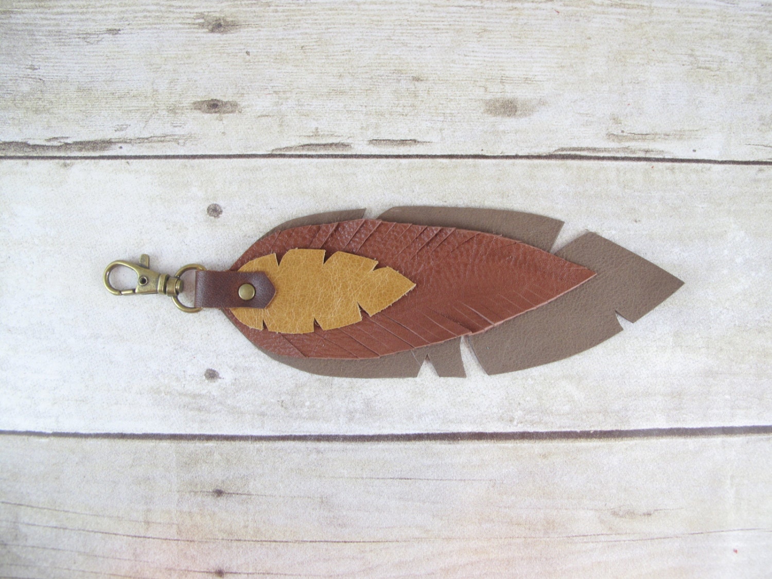 Leather Feather Bag Charm or Key Fob Ombre Brown