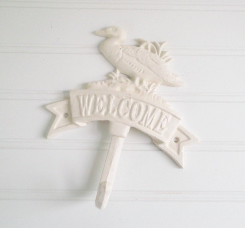 Wall Hook Cast Iron Wall Hook Welcome Key Holder Towel Holder Duck Decor  Rustic Cottage Farmhouse White Shabby Chic