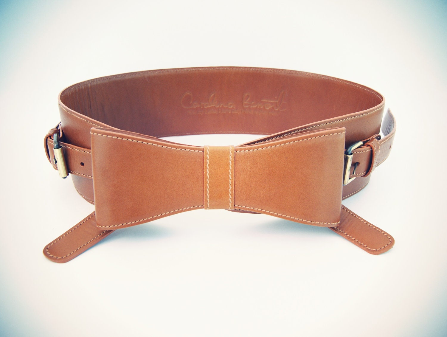 Toffee Leather Waist Belt With Bow At The Front And Gold Buckles