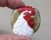 White and Red Rooster - Lampwork Glass Sculpture Focal Pendant Bead - SRA