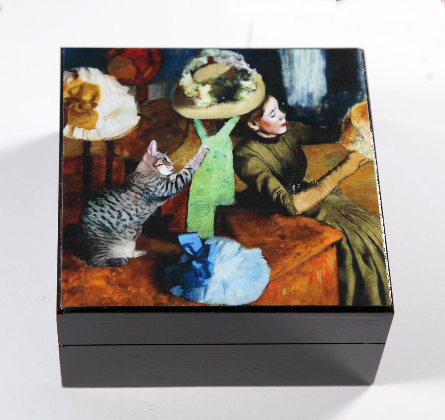 Degas Inspired Wooden Keepsake Memory Box- Cat Art Box- Hat Shop Cat
