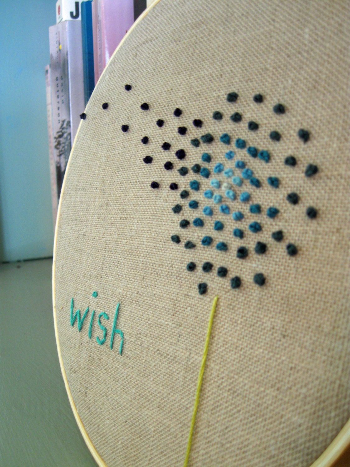 Embroidery Hoop Art Wish in Blues Hand Embroidered