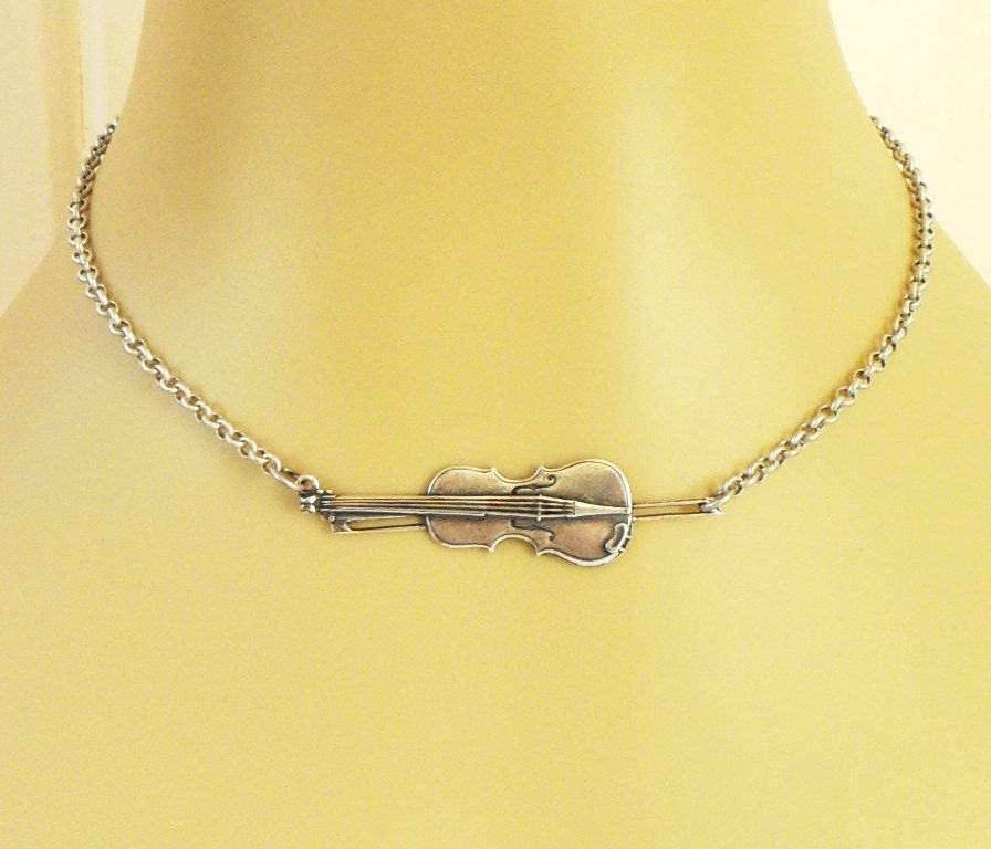 Steampunk Violin Necklace- Sterling Silver Ox- Sideways Violin Necklace