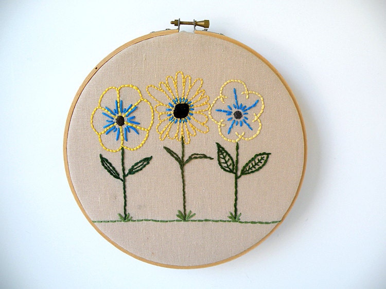 Embroidered yellow and blue flowers wood embroidery hoop wall art