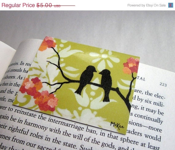 SALE Magnetic Bookmark, Woodland Love Birds, Avocado Damask, Orange Flowers