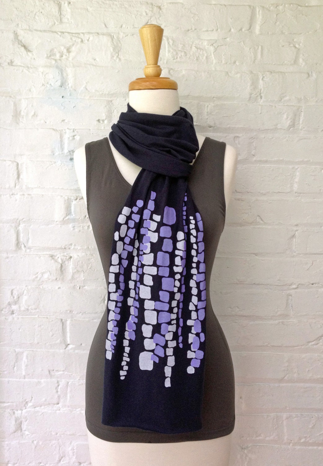Screen Printed Cotton Jersey Scarf. Purple and Navy. River Rocks Pattern.