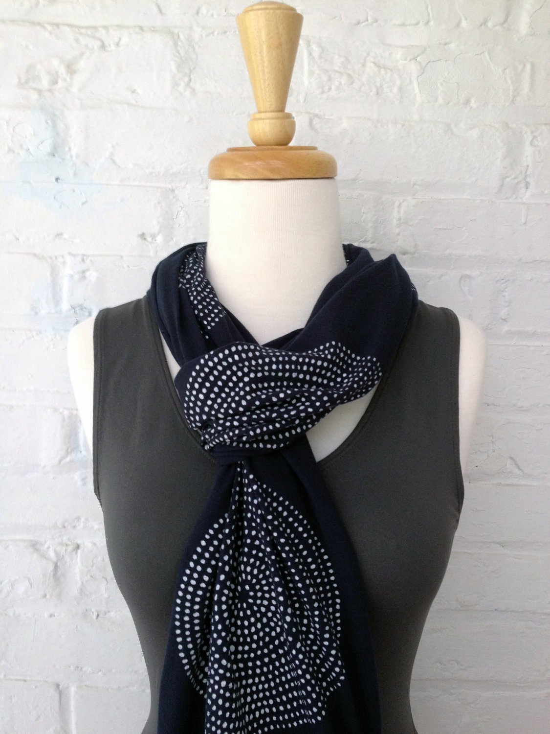 Screen Printed Cotton Jersey Scarf. Navy and White. Mosaic Pattern.
